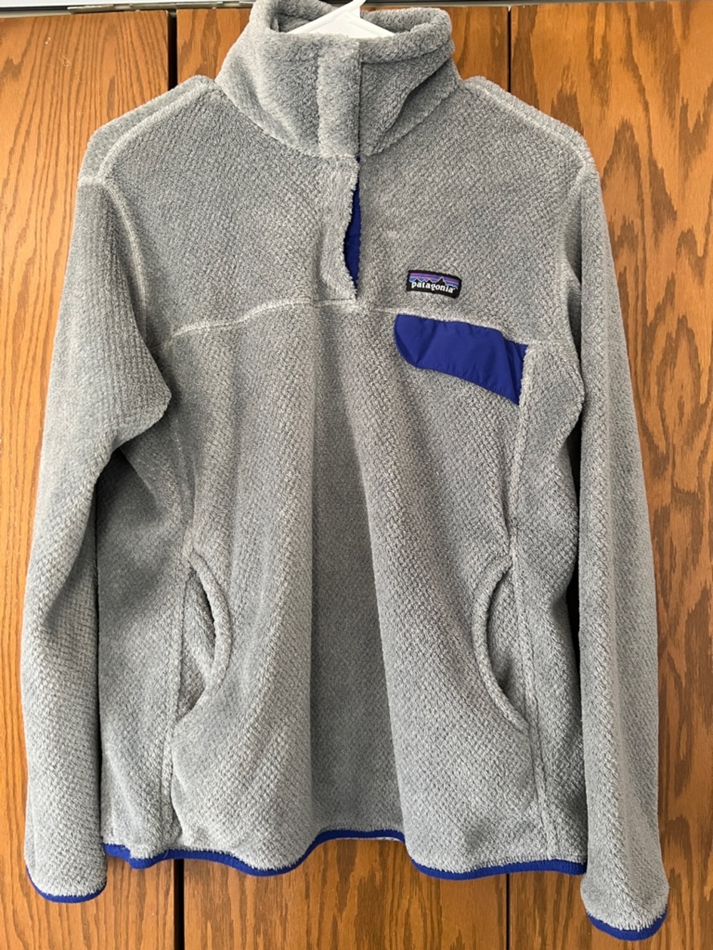 Patagonia Light Gray Fleece Pullover with Royal Blue Trim